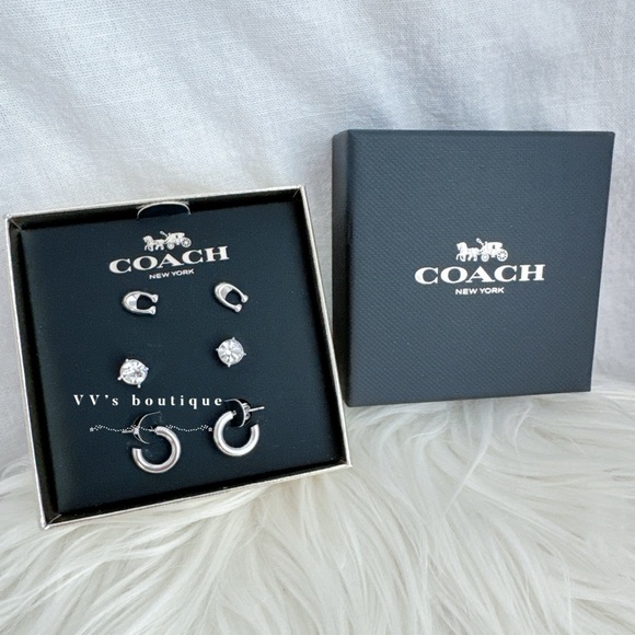 BNIB Coach Signature Stud Earrings Box Gift Set 3 Pairs Stone Hoop Silver C7790 - Picture 1 of 5